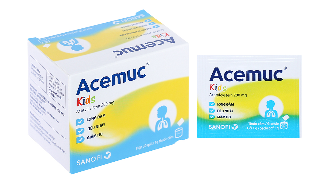 Thuốc cốm Acemuc Kids 200mg trị rối loạn về tiết dịch đường hô hấp (30 gói x 1g)