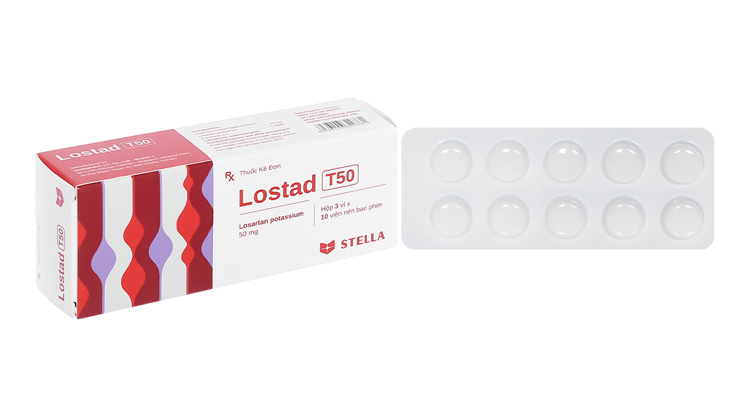 Lostad T50 trị tăng huyết áp, suy tim, nhồi máu cơ tim (3 vỉ x 10 viên)