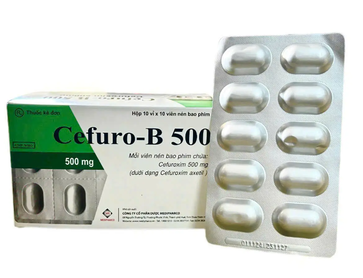 Cefuro-B 500, điều trị nhiễm khuẩn hô hấp, tiết niệu, nhiễm khuẩn da (Hộp 2 vỉ x 5 viên)