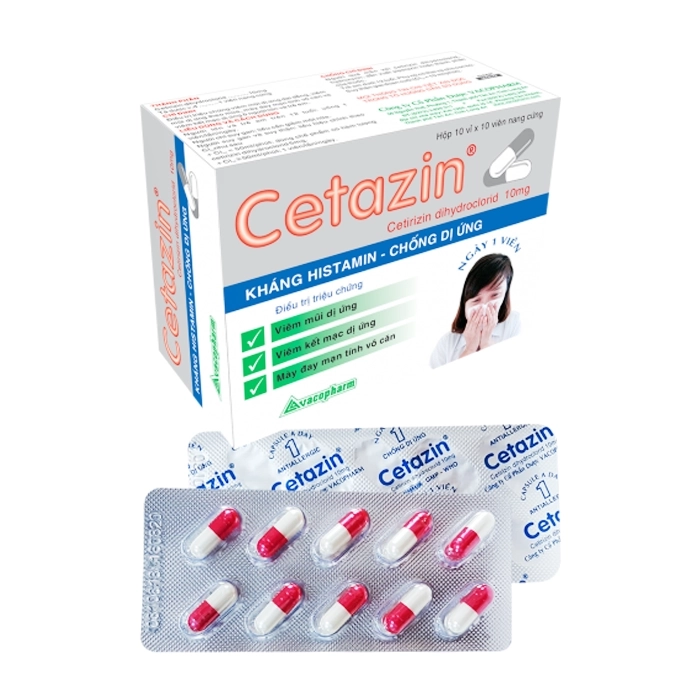 Cetazin Vacopharm - điều trị viêm mũi dị ứng, mày đay mãn tính, viêm kết mạc dị ứng ( Hộp 10 vỉ x 10 viên)