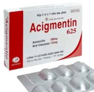 Thuốc Acigmentin 625 Minh Hải điều trị nhiễm khuẩn nặng đường hô hấp trên (2 vỉ x 7 viên)