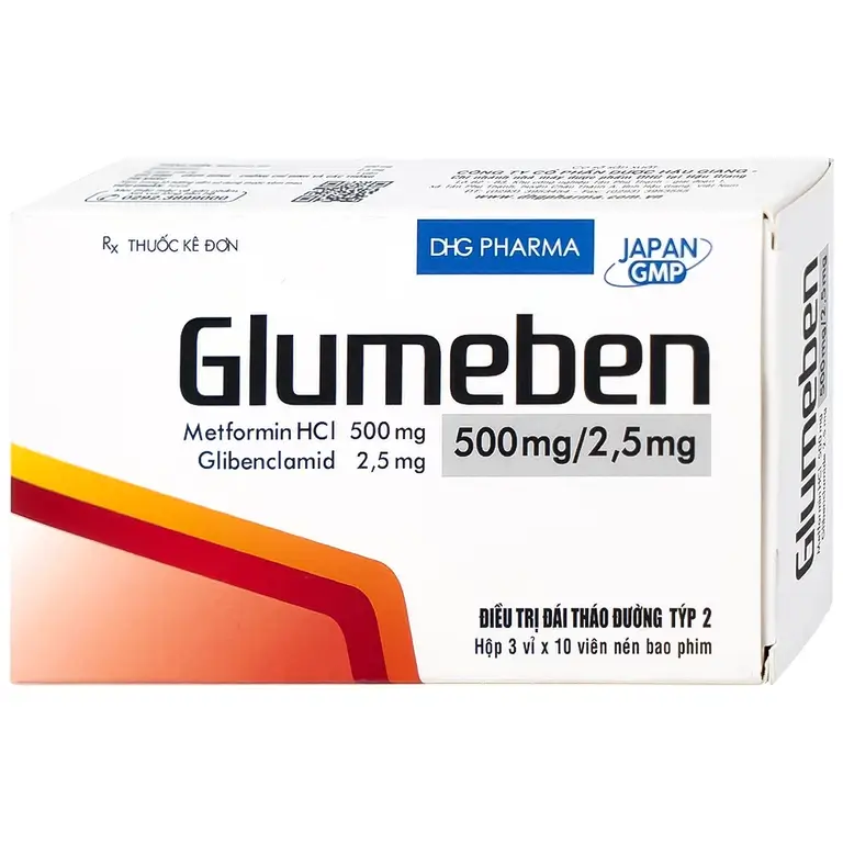 Thuốc Glumeben 500mg/2,5mg DHG điều trị đái tháo đường típ 2 (3 vỉ x 10 viên)