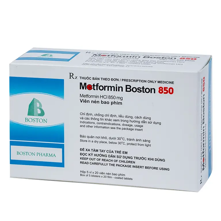 Thuốc Metformin Boston 850 điều trị bệnh đái tháo đường típ 2 (5 vỉ x 20 viên)
